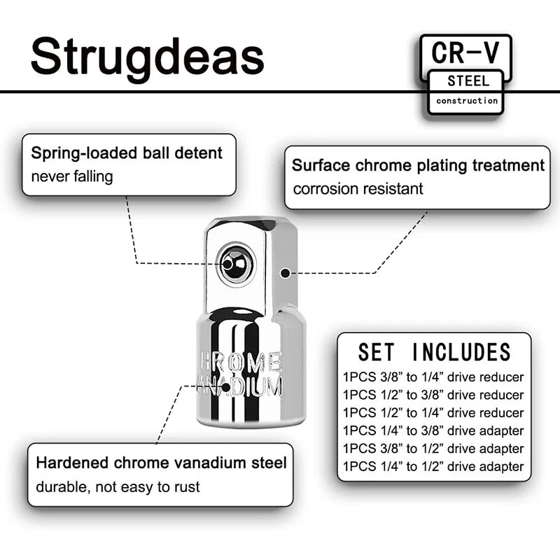 6-Pc Socket Adapter & Reducer Set – 1/4", 3/8" & 1/2" Chrome Vanadium | Ratchet Conversion Kit