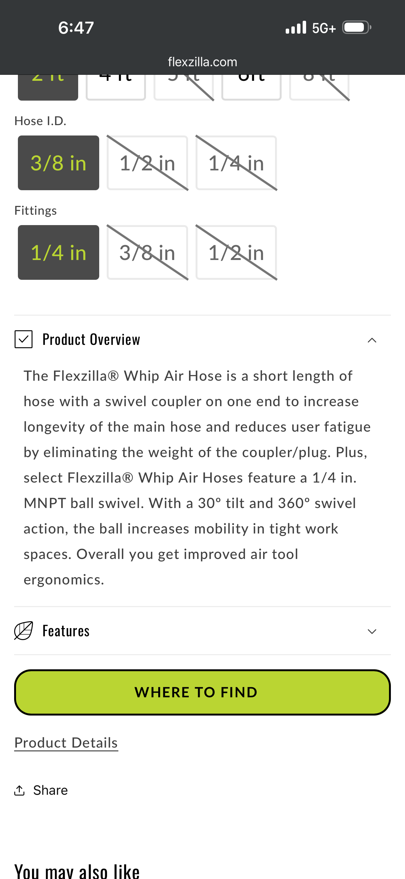 Flexzilla Whip Hose with Swivel, 1/2" x 2' — HFZ1202YW4S