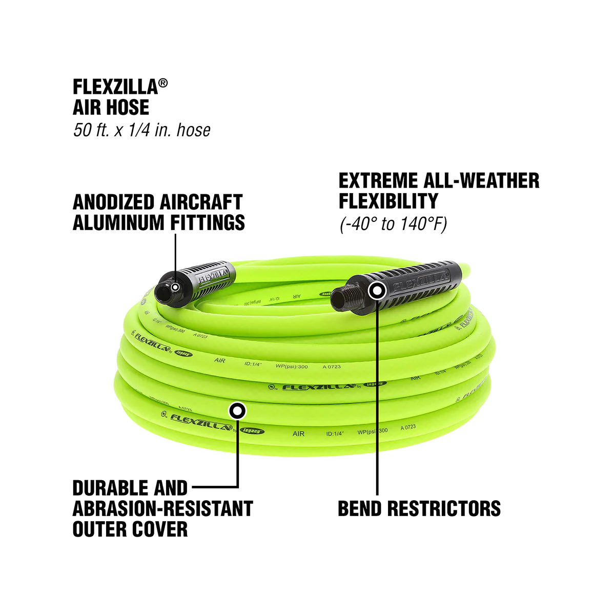Flexzilla Heavy Duty Air Hose, 1/2" x 50', 1/2" MNPT Fittings — HFZ1250YW4