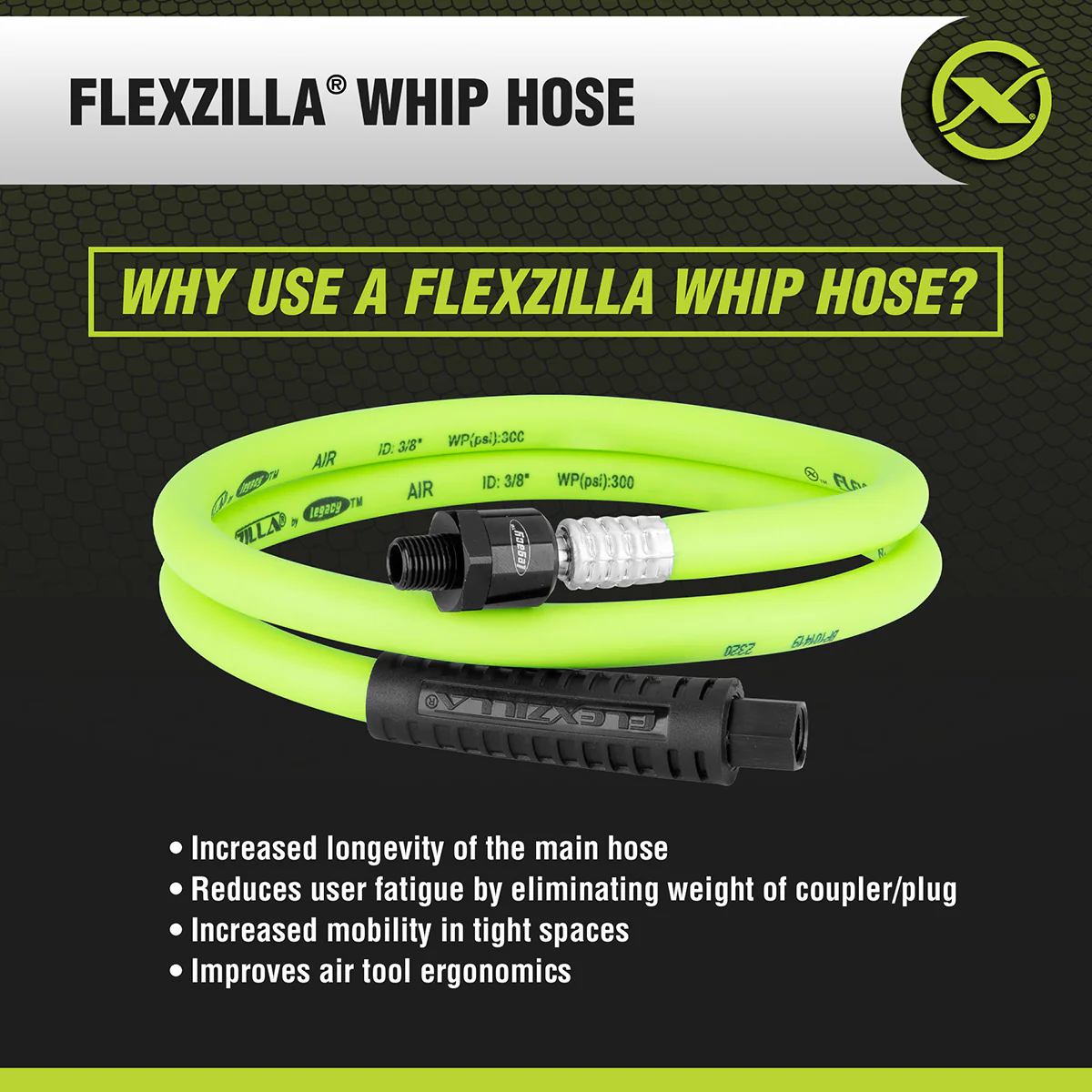 Flexzilla Whip Hose with Swivel, 1/2" x 4' — HFZ1204YW4S