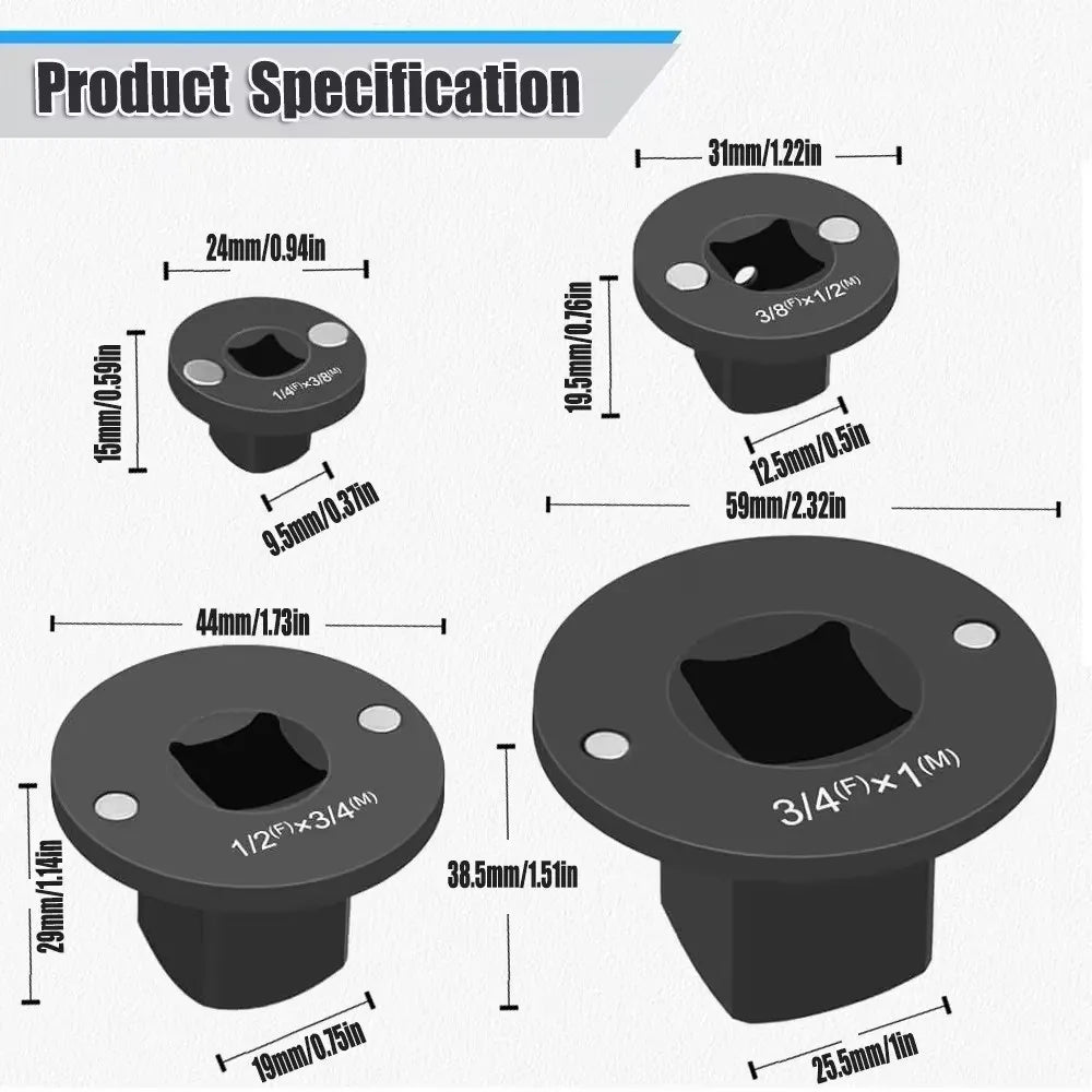 4-Pc Impact Socket Adapter Set – 1/4", 3/8", 1/2" & 3/4" Drive Reducer & Converter