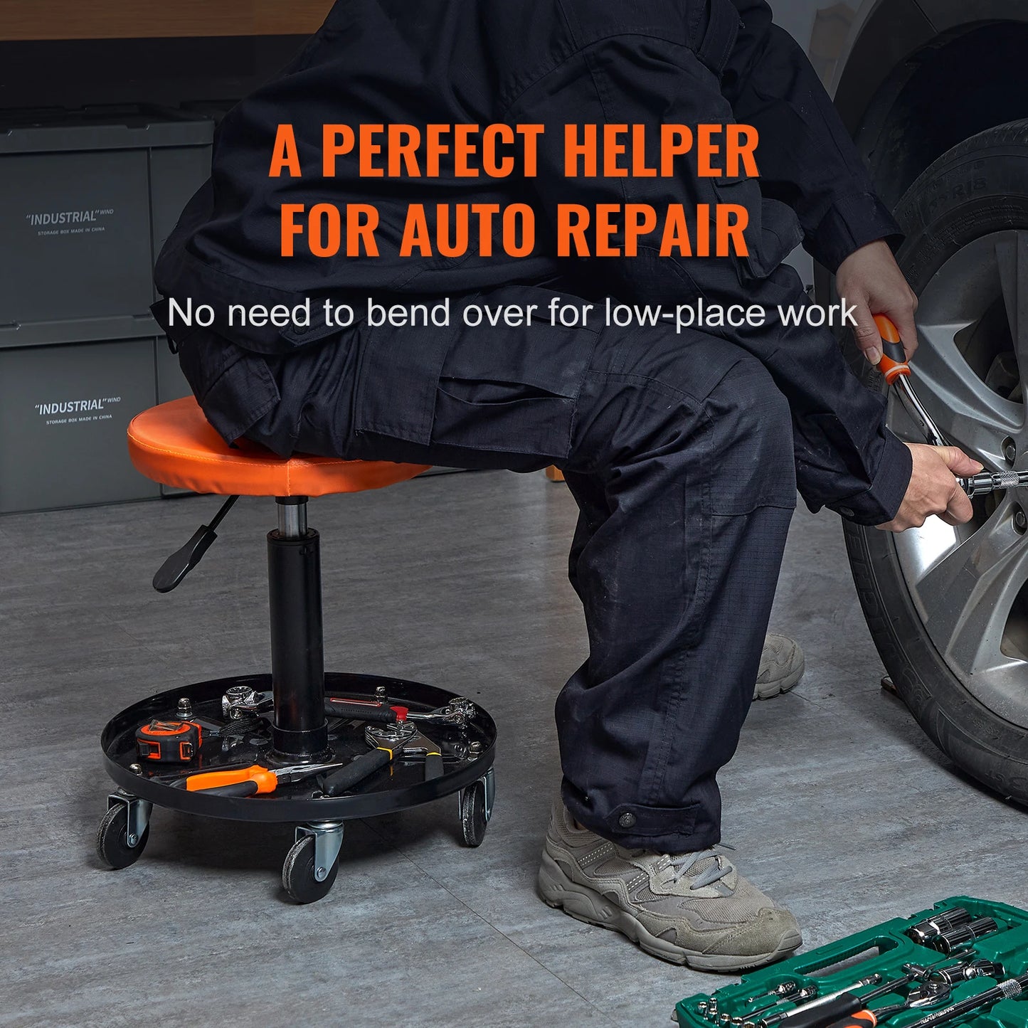 Rolling Mechanic Shop Stool – 250 LBS Pneumatic Padded Garage Seat