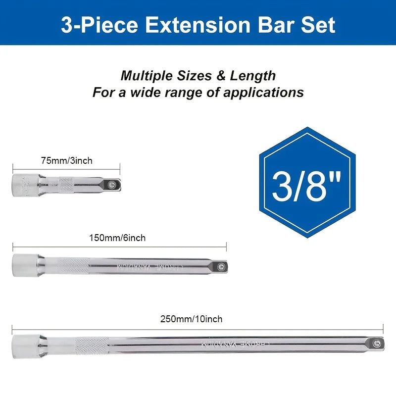 Ratchet Wrench Extension Bar Set – 3-Pc | 1/4", 3/8" & 1/2" Drive | 50/100/150/250mm Socket Extender Kit