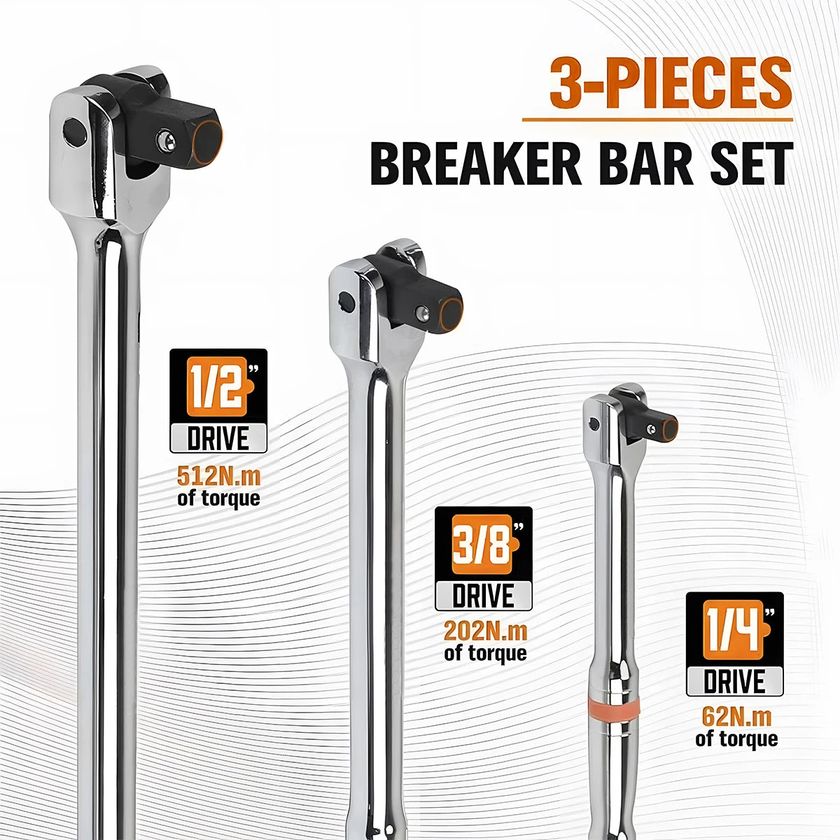 3-Piece Breaker Bar Set – 1/4", 3/8" & 1/2" Drive, 180° Rotating Head
