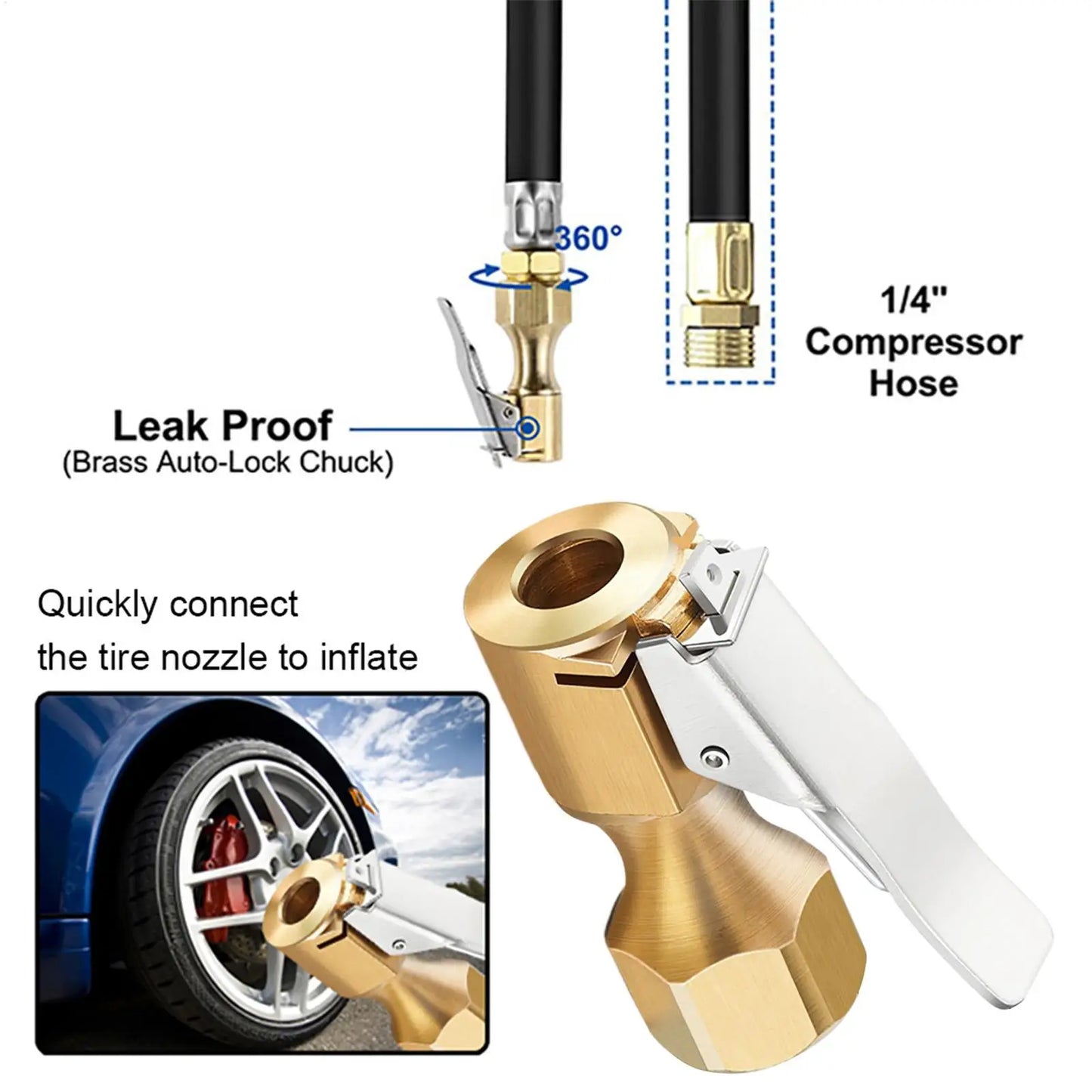 Lock-On Brass Air Chuck – Clip Inflator Connector for Air Compressor