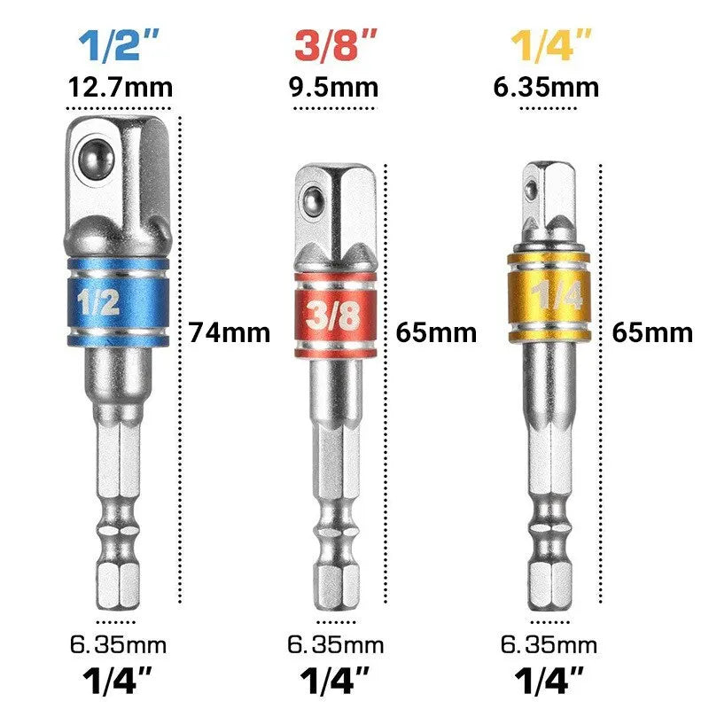 3-Pc Square Drive Socket Adapter Set – 1/4", 3/8" & 1/2" Hex Shank for Electric Screwdrivers