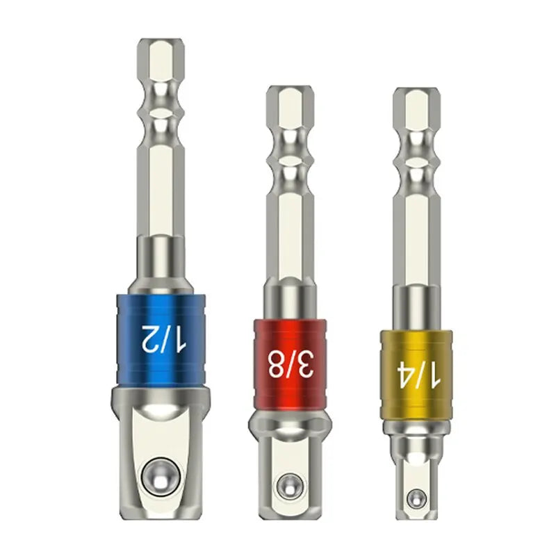 3-Pc Square Drive Socket Adapter Set – 1/4", 3/8" & 1/2" Hex Shank for Electric Screwdrivers