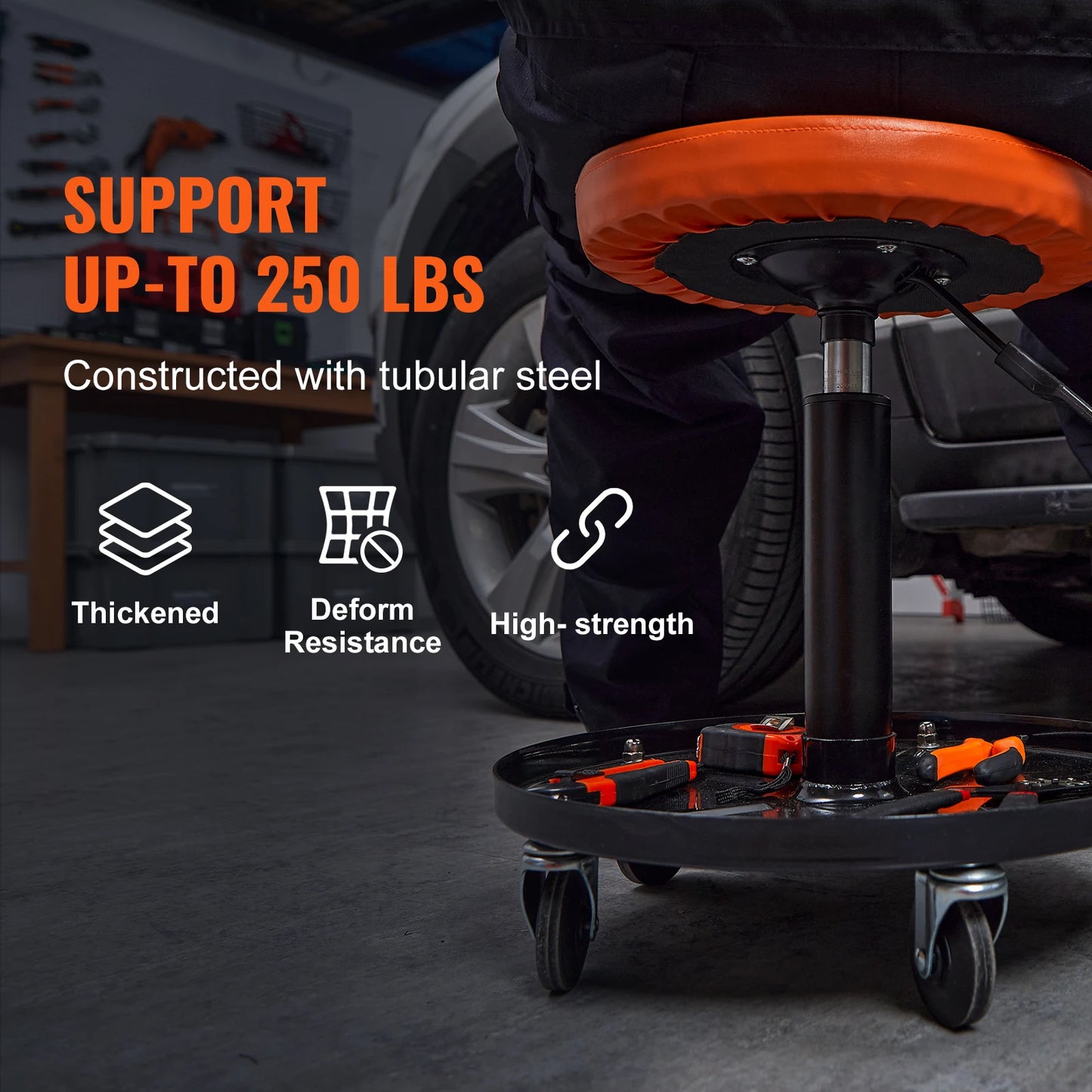 Rolling Mechanic Shop Stool – 250 LBS Pneumatic Padded Garage Seat