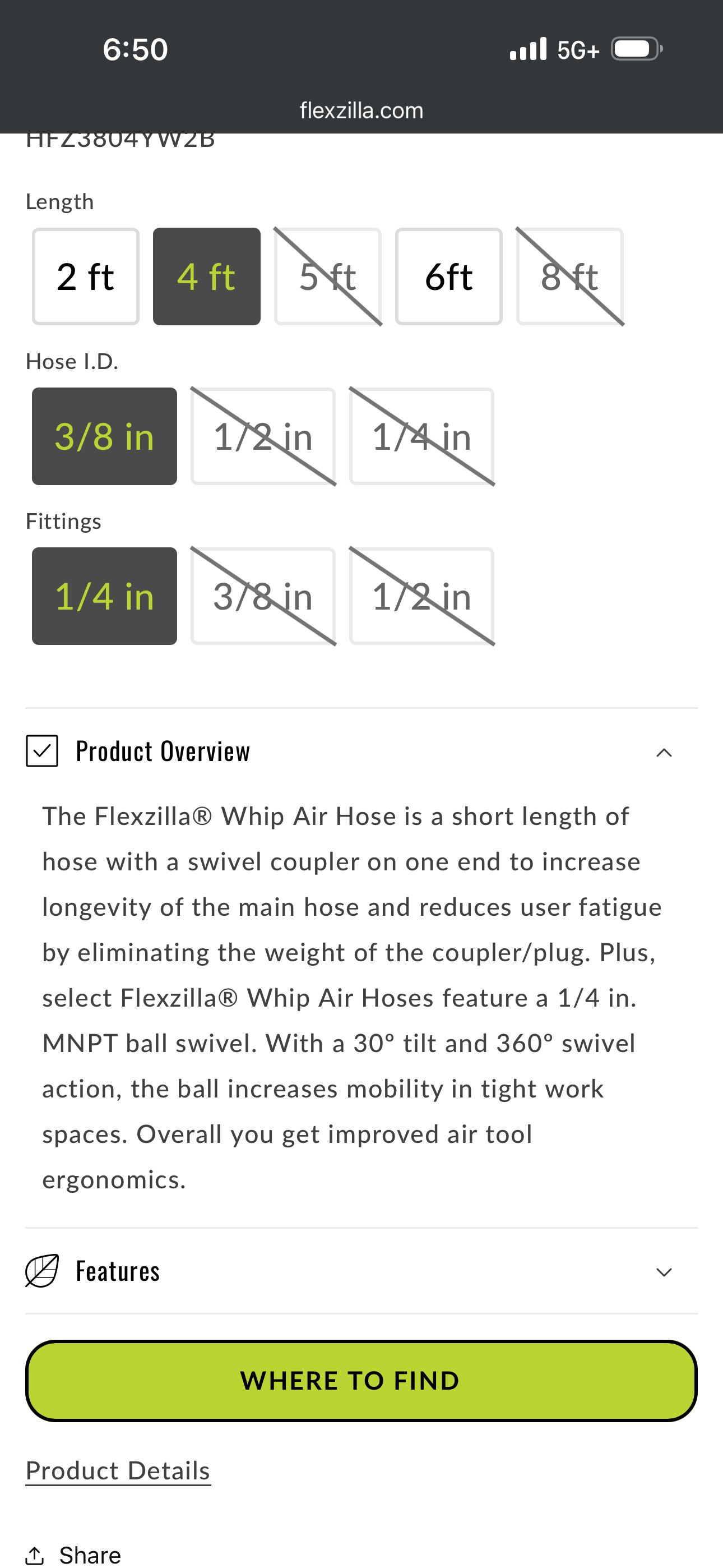 Flexzilla Whip Hose with Swivel, 1/2" x 4' — HFZ1204YW4S