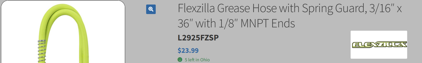 Flexzilla Grease Hose with Spring Guard, 3/16" x 36", 1/8" MNPT Ends