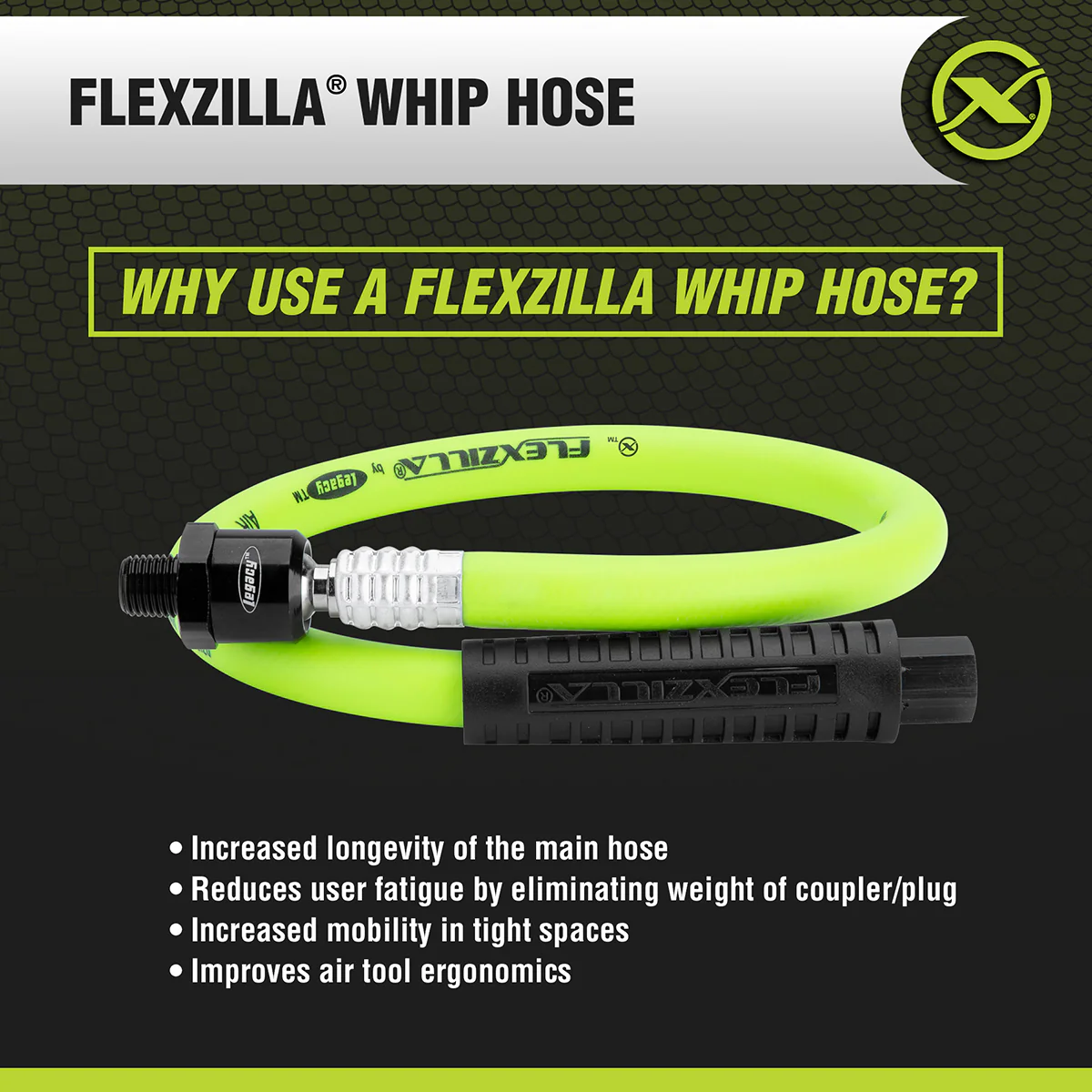 Flexzilla Whip Hose with Swivel, 1/2" x 2' — HFZ1202YW4S