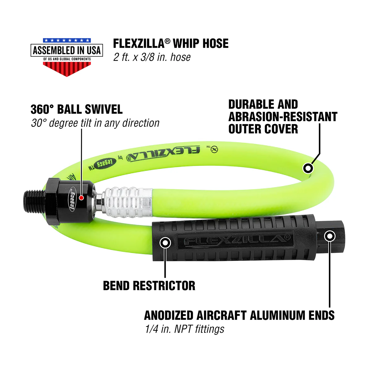 Flexzilla Whip Hose with Swivel, 1/2" x 2' — HFZ1202YW4S