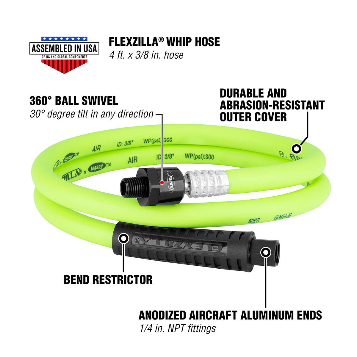 Flexzilla Whip Hose with Swivel, 1/2" x 4' — HFZ1204YW4S
