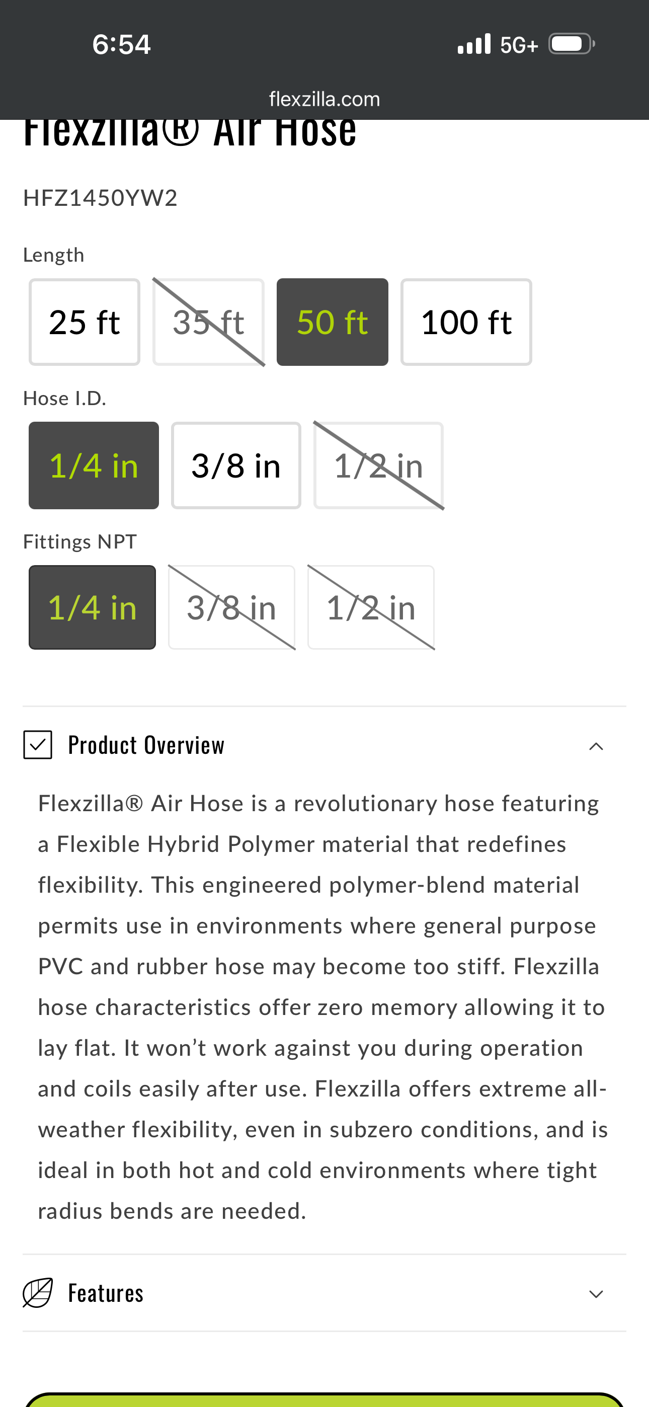 Flexzilla Heavy Duty Air Hose, 1/2" x 50', 1/2" MNPT Fittings — HFZ1250YW4