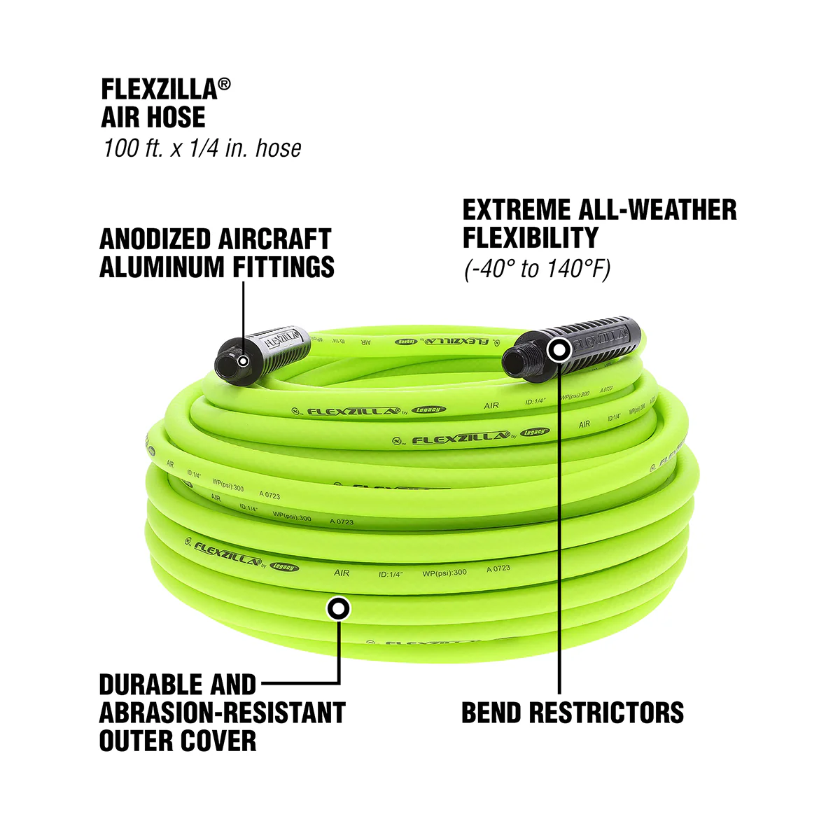 Flexzilla Heavy Duty Air Hose, 1/2" x 100', 1/2" MNPT Fittings — HFZ12100YW4